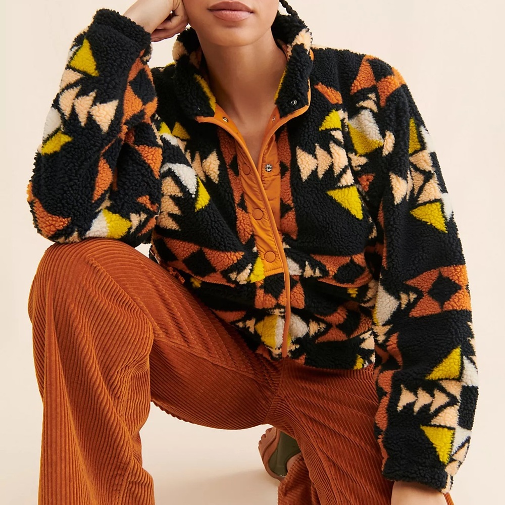 Free People Hit the Slopes Geometric Patterned Fleece Jacket